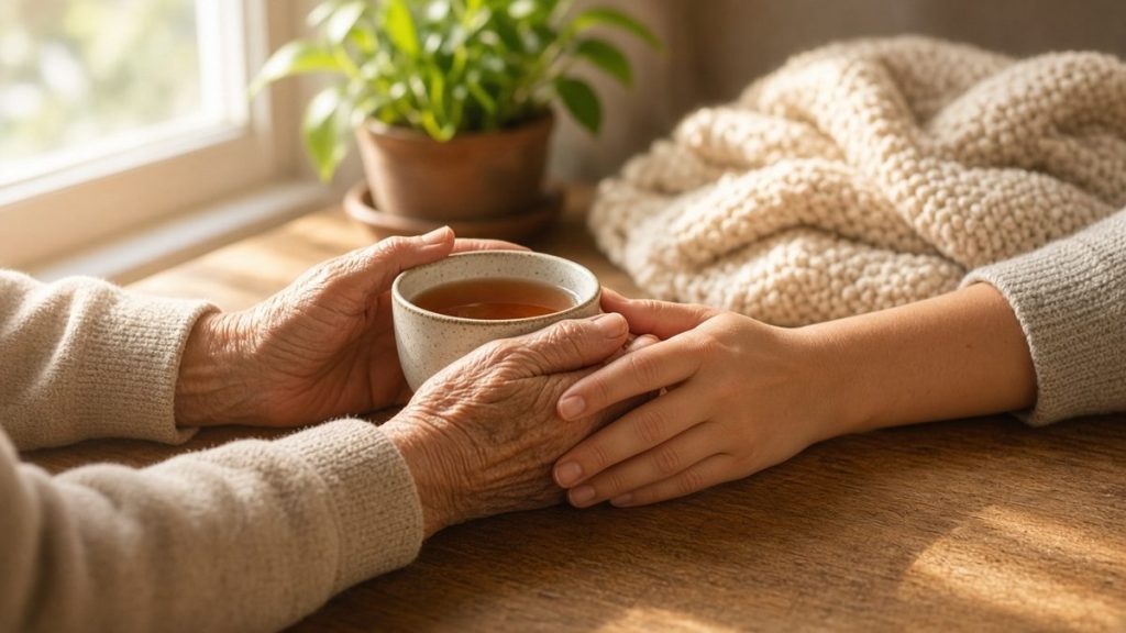 Manos de una persona mayor sosteniendo una taza de té mientras la mano de una cuidadora se posa sobre ellas con cariño, en una mesa de madera junto a la ventana de un hogar.