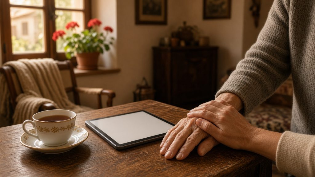 Mano de una cuidadora sobre la mano de una persona mayor, junto a una taza de té y una tablet, en un salón cálido de una casa en Salamanca.
